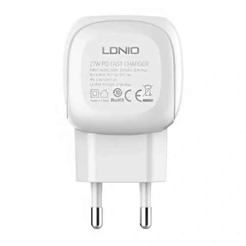 Ładowarka sieciowa LDNIO A1206C, USB-C, 27W + kabel USB-C/USB-C (biała)