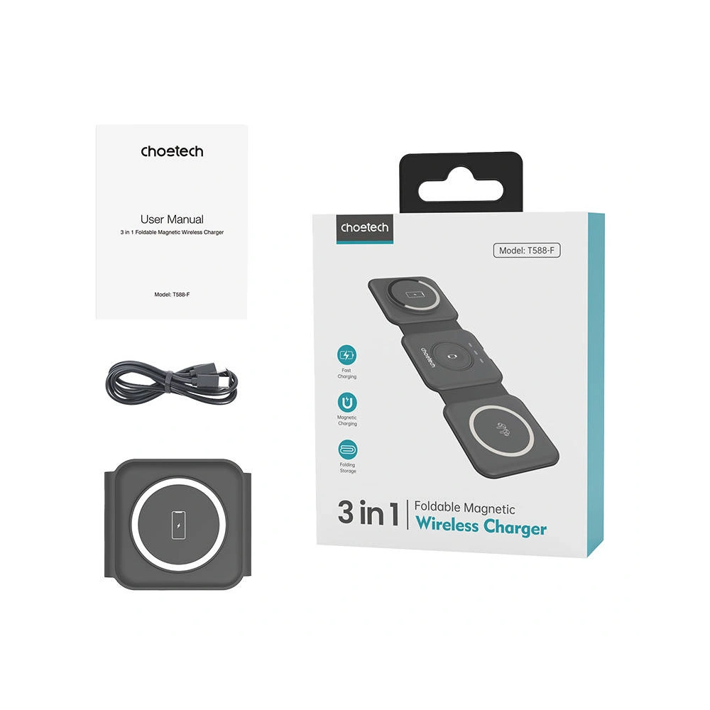 Hurtownia GSM - Magnetikus vezeték nélküli töltő Choetech T588-F 3w1 15W (fekete) - CHT60 - {ean13} - Hurt