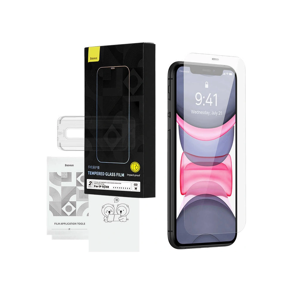 Wholesale Baseus Crystal HD 0.3mm Glass Apple IPhone 11/XR + cleaner kit [2 PACK] - BSU4205 - {ean13} - Hurt