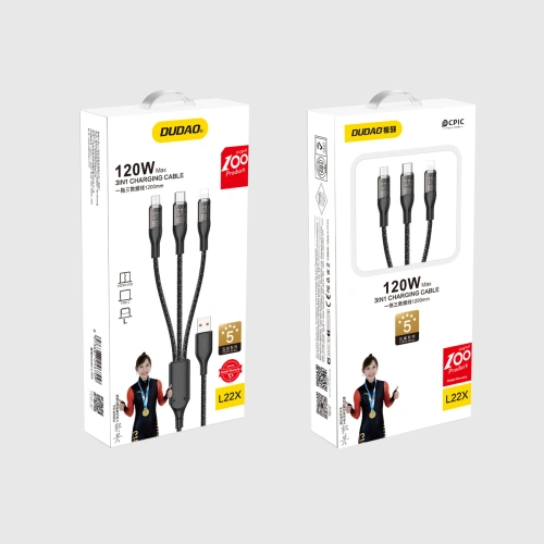 Kabel Dudao L22X 3w1 USB-A/USB-C - microUSB - Lightning 120W 1m srebrny