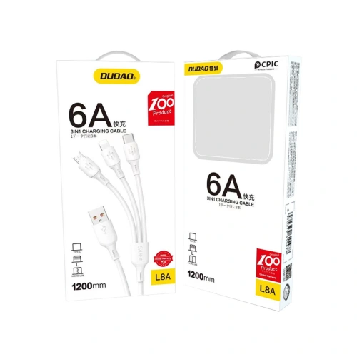 Kabel Dudao L8A-3in1 3w1 USB-A/USB-C - microUSB - Lightning 480Mb/s 6A 1.2m biały