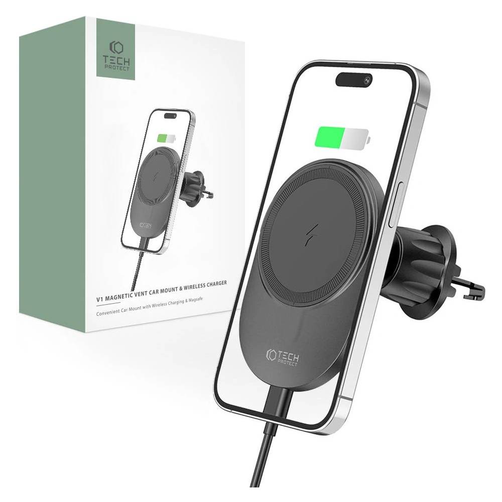 Hurtownia GSM - Magnetische Autohalterung mit kabellosem MagSafe-Ladegerät Tech-Protect MM15W-V1 Magnetic Belüftung Auto Halterung Wireless Charger 15W Schwarz - THP2043 - {ean13} - Hurt