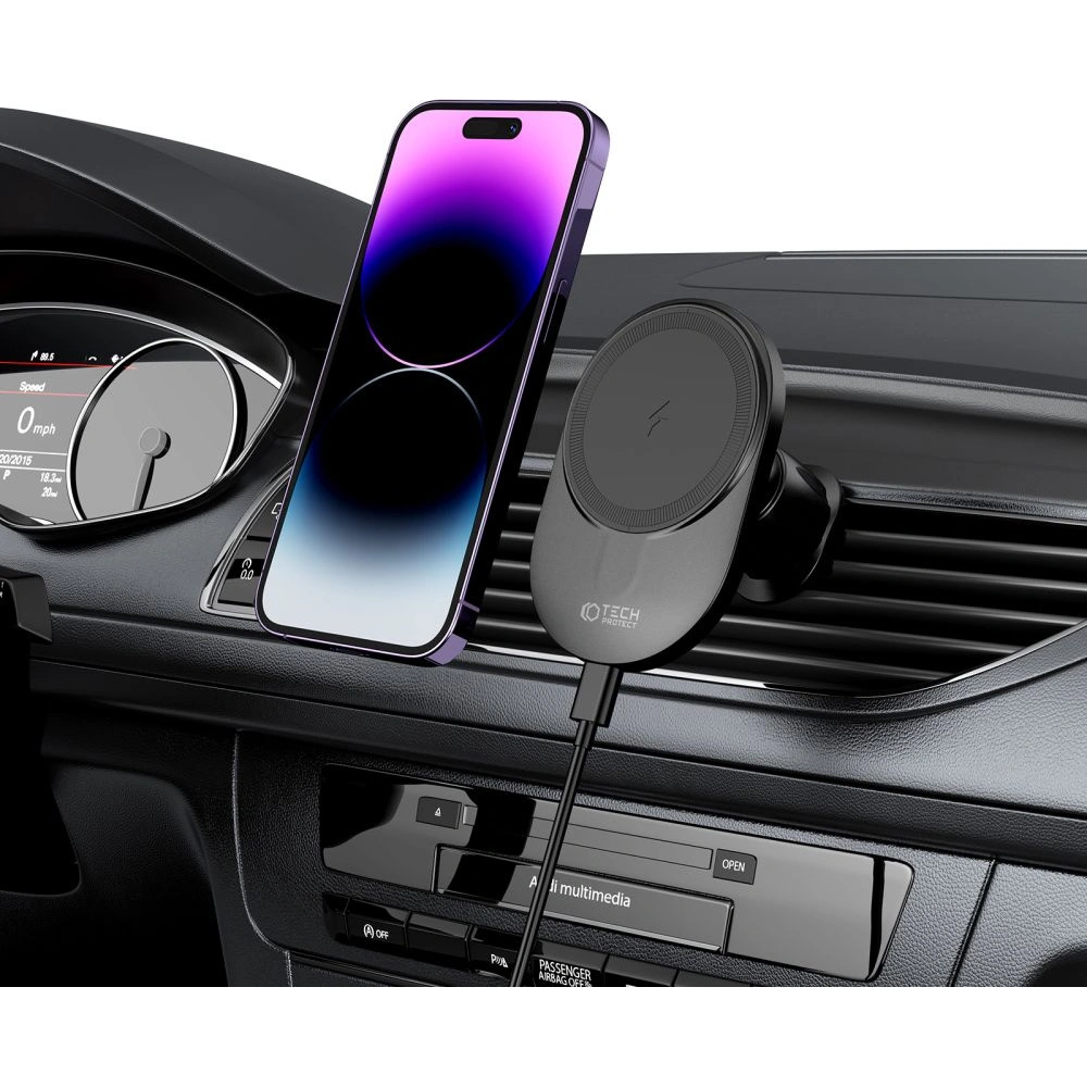 Hurtownia GSM - Magnetische Autohalterung mit kabellosem MagSafe-Ladegerät Tech-Protect MM15W-V1 Magnetic Belüftung Auto Halterung Wireless Charger 15W Schwarz - THP2043 - {ean13} - Hurt