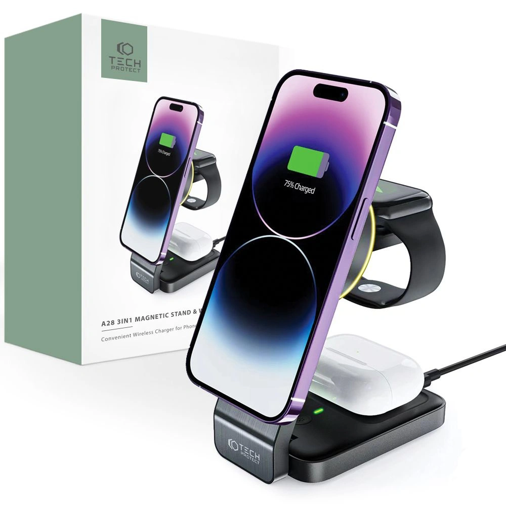Hurtownia GSM - MagSafe vezeték nélküli töltő Tech-Protect Qi15W-A28 3in1 Magnetic vezeték nélküli töltő fekete - THP2044 - {ean13} - Hurt