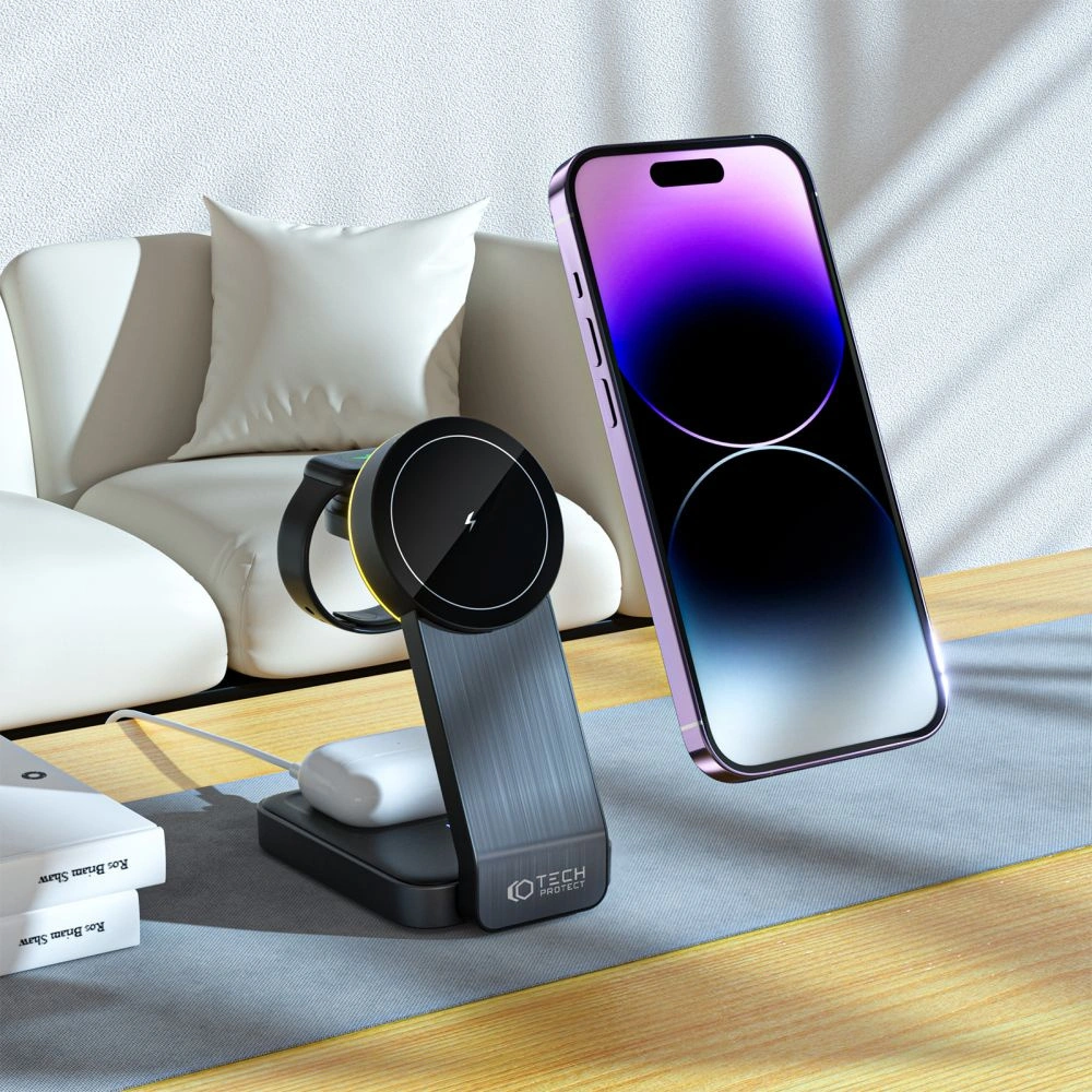 Hurtownia GSM - MagSafe vezeték nélküli töltő Tech-Protect Qi15W-A28 3in1 Magnetic vezeték nélküli töltő fekete - THP2044 - {ean13} - Hurt