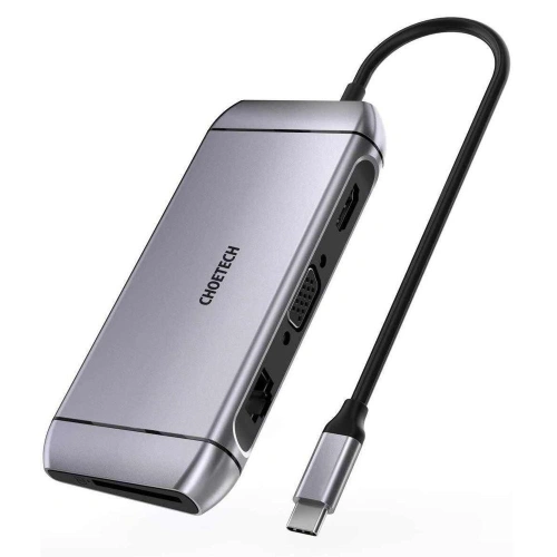 Adapter HUB Choetech HUB-M15 9w1 USB-C/3xUSB 3.2 Gen 1 - czytnik kart SD i TF - HDMI 4K 30Hz - VGA Full HD 60Hz - USB-C - RJ45 szary