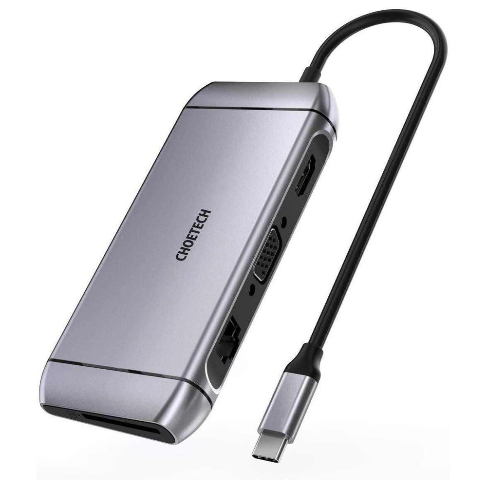 Hurtownia GSM - Adaptér HUB Choetech HUB-M15 9w1 USB-C/3xUSB 3.2 Gen 1 - čtečka karet SD a TF - HDMI 4K 30Hz - VGA Full HD 60Hz - USB-C - RJ45 šedý - CHT66 - {ean13} - Hurt