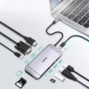Hurtownia GSM - Adapter HUB Choetech HUB-M15 9w1 USB-C/3xUSB 3.2 Gen 1 - SD- und TF-Kartenleser - HDMI 4K 30Hz - VGA Full HD 60Hz - USB-C - RJ45 grau - CHT66 - {ean13} - Hurt