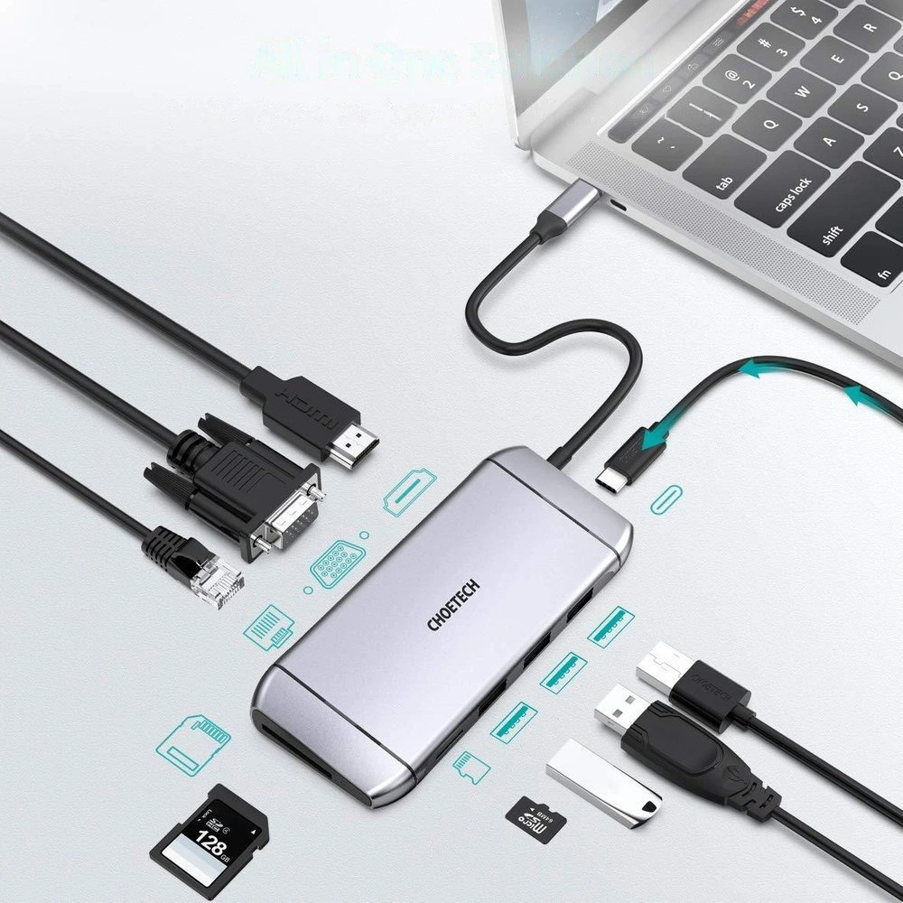 Hurtownia GSM - Adaptér HUB Choetech HUB-M15 9w1 USB-C/3xUSB 3.2 Gen 1 - čtečka karet SD a TF - HDMI 4K 30Hz - VGA Full HD 60Hz - USB-C - RJ45 šedý - CHT66 - {ean13} - Hurt