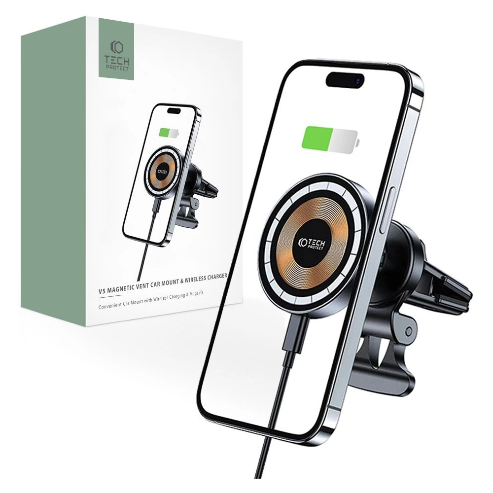 Hurtownia GSM - Auto-Halterung mit kabellosem Ladegerät Tech-Protect MM15W-V5 Magnetic MagSafe Lüftungs-Autohalterung Wireless Charger 15W Schwarz - THP2047 - {ean13} - Hurt