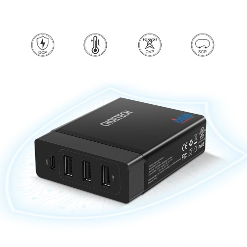Ładowarka sieciowa Choetech PD72-1C3U 3x USB-A/USB-C 60W Power Delivery czarny