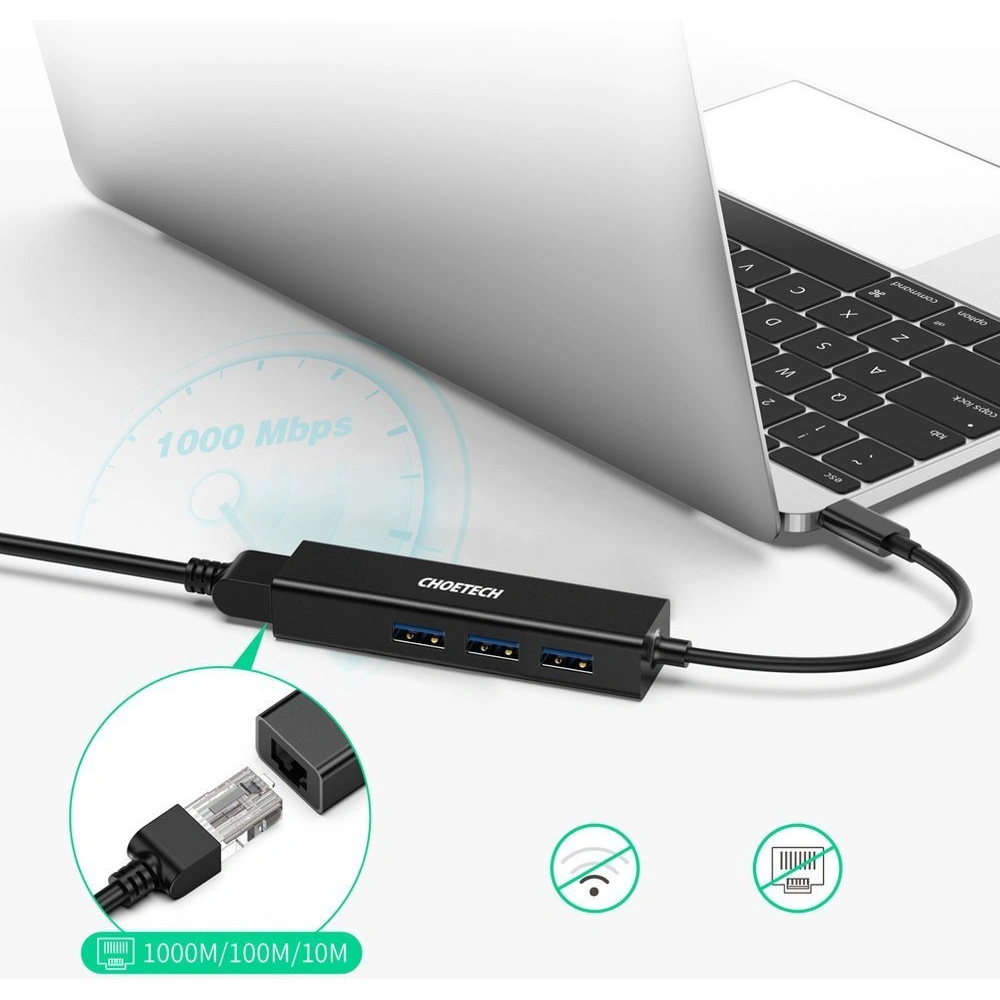 Hurtownia GSM - Adapter HUB Choetech HUB-U02BK 4w1 USB-C/3x USB 3.0 - RJ-45 szary - CHT94 - {ean13} - Hurt