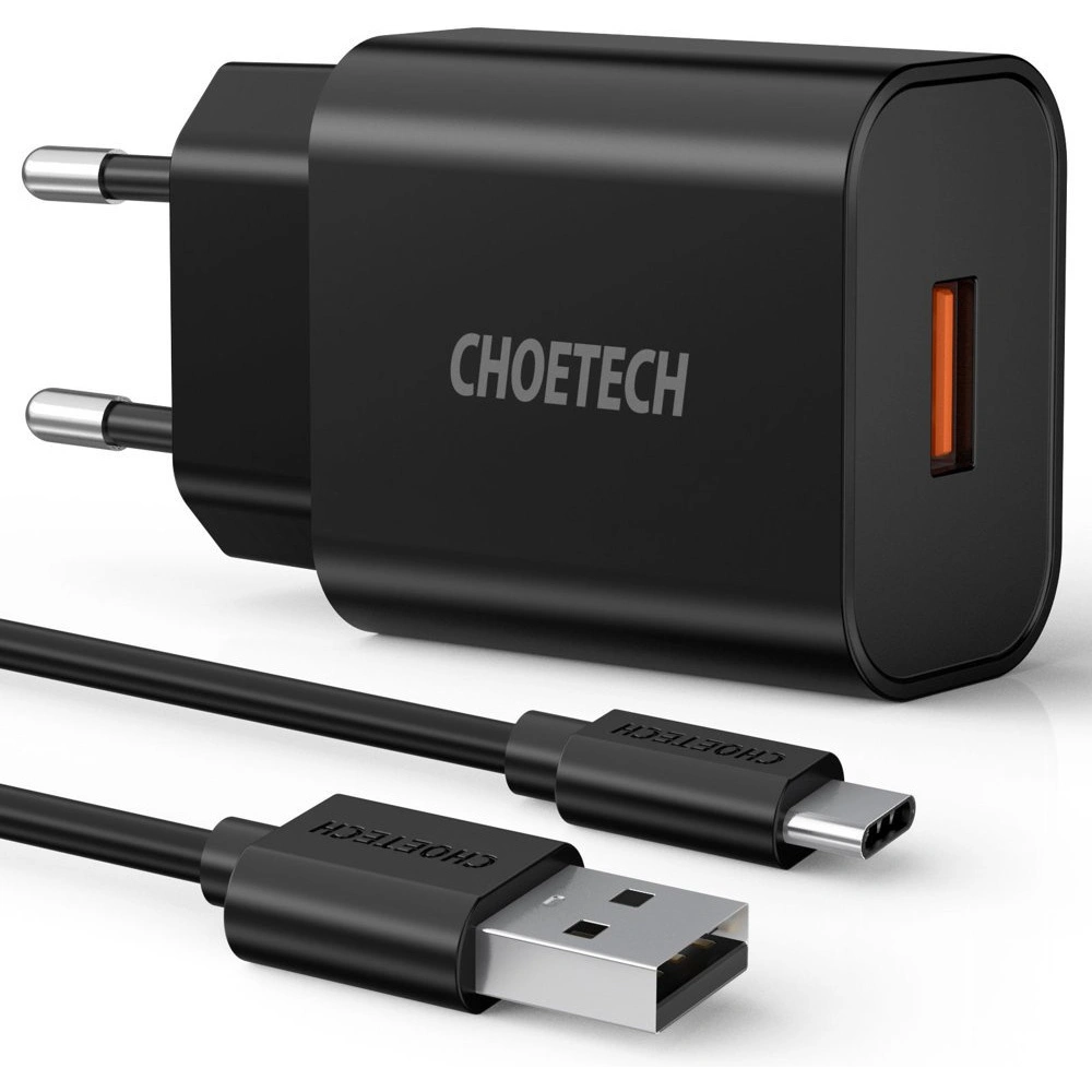Hurtownia GSM - Hálózati töltő Choetech Q5003 QC3.0 18W 3A + USB-A/USB-C 1m fekete kábel - CHT96 - {ean13} - Hurt