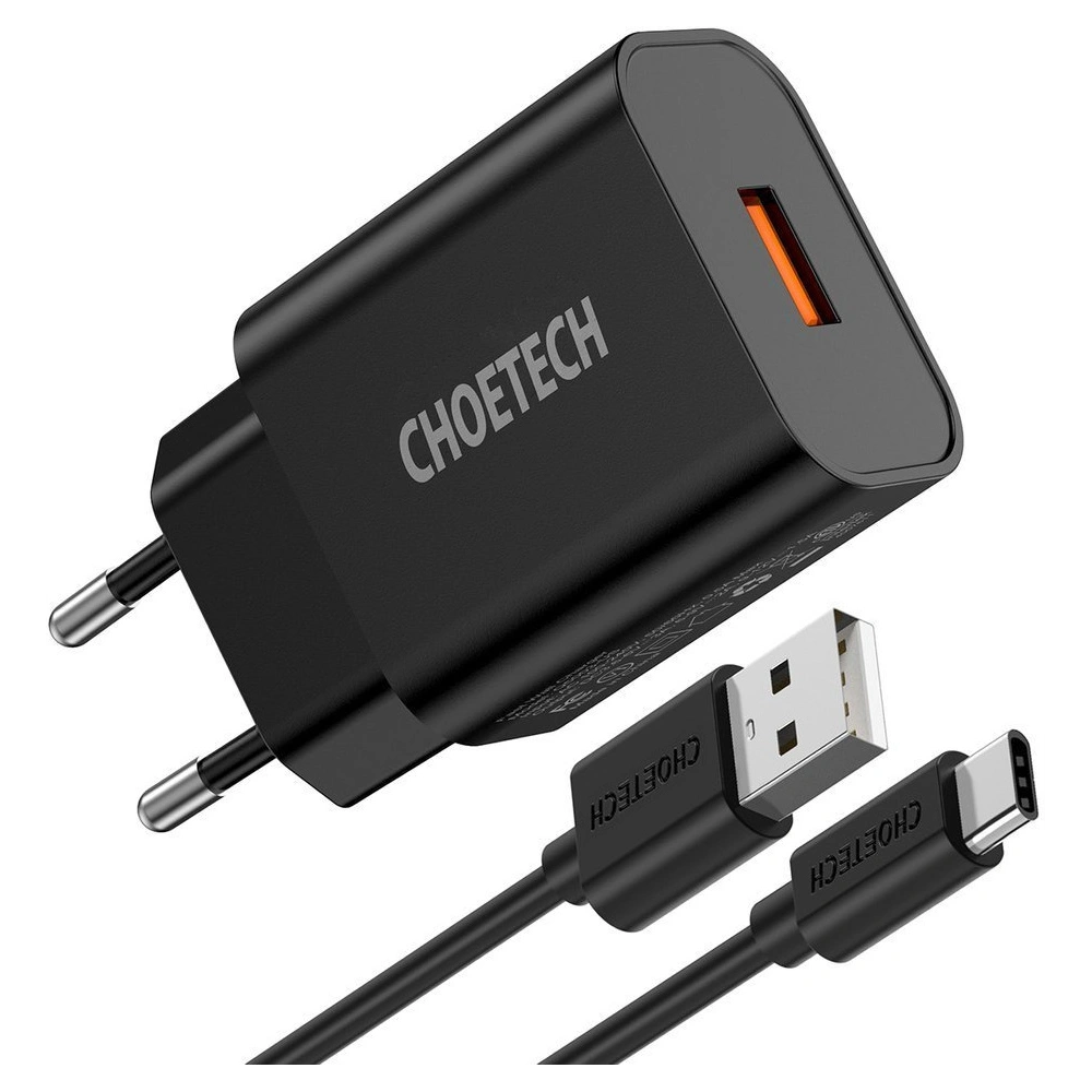 Hurtownia GSM - Hálózati töltő Choetech Q5003 QC3.0 18W 3A + USB-A/USB-C 1m fekete kábel - CHT96 - {ean13} - Hurt