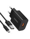 Hurtownia GSM - Hálózati töltő Choetech Q5003 QC3.0 18W 3A + USB-A/USB-C 1m fekete kábel - CHT96 - {ean13} - Hurt