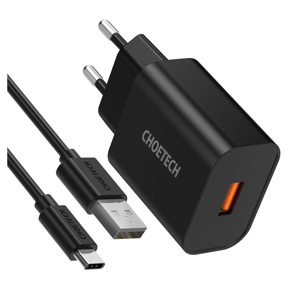 Hurtownia GSM - Hálózati töltő Choetech Q5003 QC3.0 18W 3A + USB-A/USB-C 1m fekete kábel - CHT96 - {ean13} - Hurt