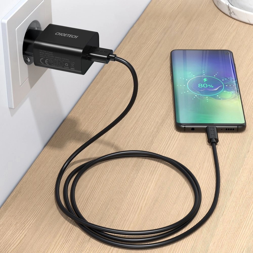 Hurtownia GSM - Hálózati töltő Choetech Q5003 QC3.0 18W 3A + USB-A/USB-C 1m fekete kábel - CHT96 - {ean13} - Hurt