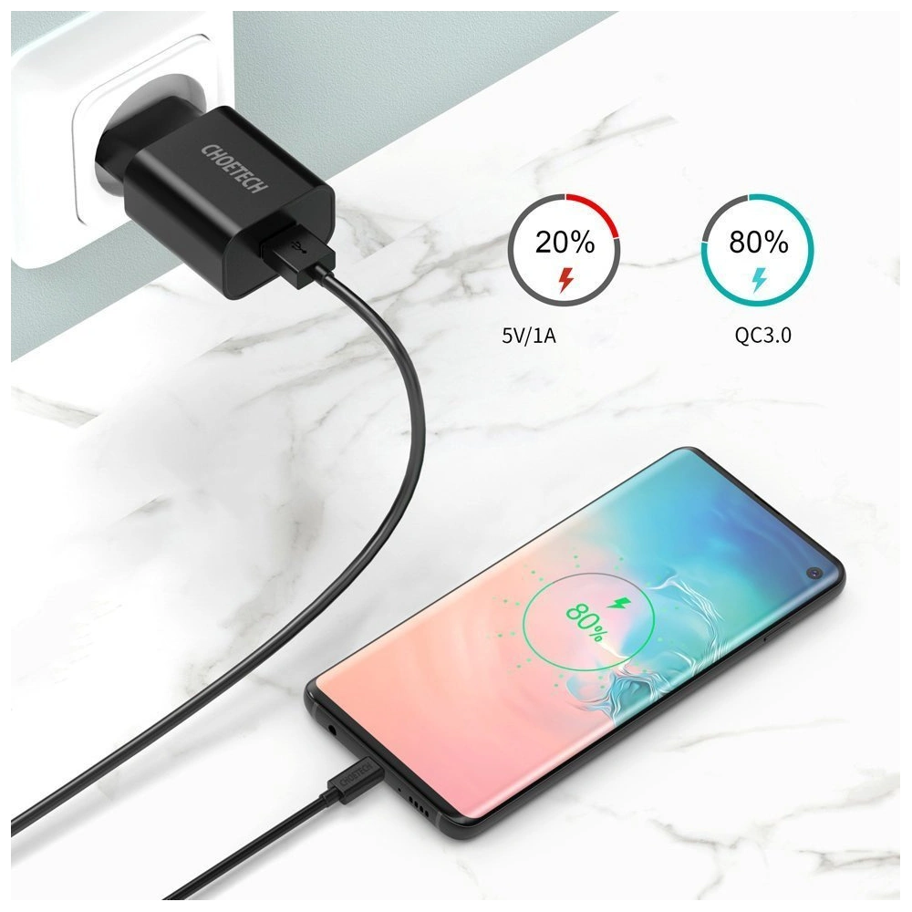 Hurtownia GSM - Hálózati töltő Choetech Q5003 QC3.0 18W 3A + USB-A/USB-C 1m fekete kábel - CHT96 - {ean13} - Hurt