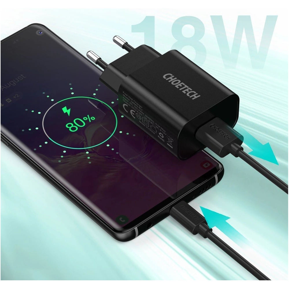 Hurtownia GSM - Hálózati töltő Choetech Q5003 QC3.0 18W 3A + USB-A/USB-C 1m fekete kábel - CHT96 - {ean13} - Hurt