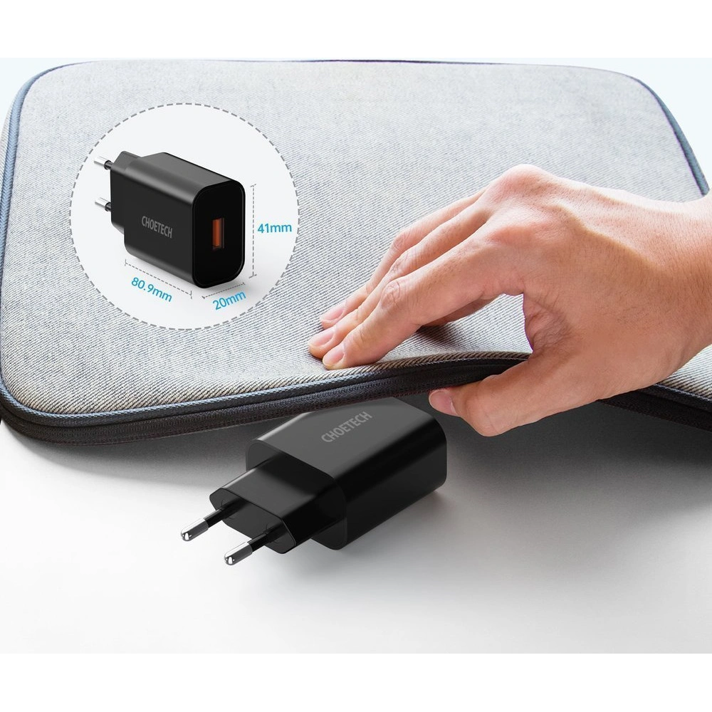 Hurtownia GSM - Hálózati töltő Choetech Q5003 QC3.0 18W 3A + USB-A/USB-C 1m fekete kábel - CHT96 - {ean13} - Hurt