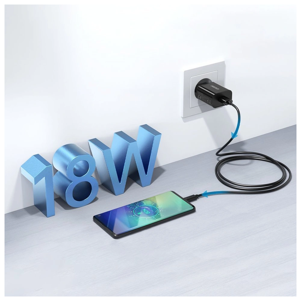 Hurtownia GSM - Hálózati töltő Choetech Q5003 QC3.0 18W 3A + USB-A/USB-C 1m fekete kábel - CHT96 - {ean13} - Hurt