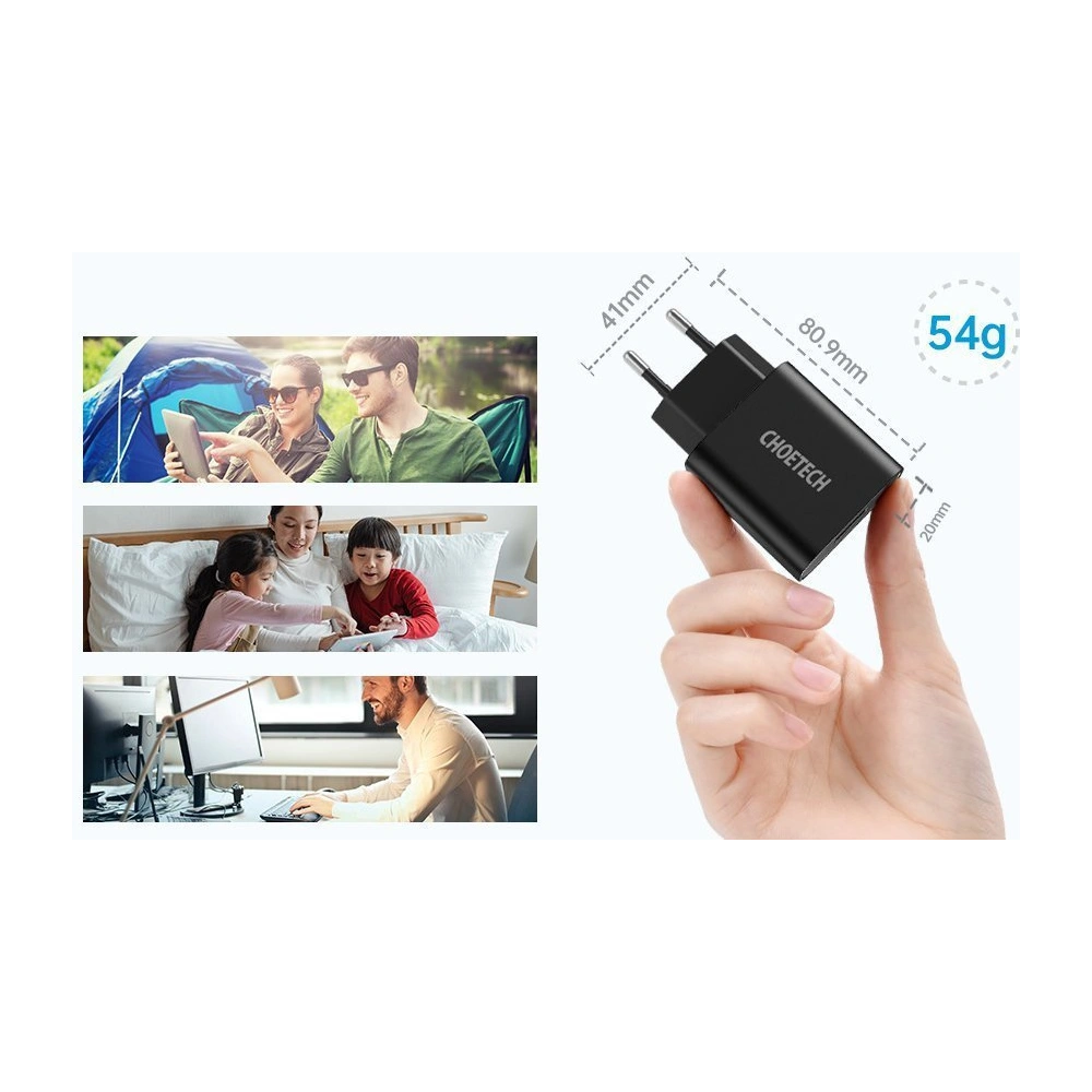 Hurtownia GSM - Hálózati töltő Choetech Q5003 QC3.0 18W 3A + USB-A/USB-C 1m fekete kábel - CHT96 - {ean13} - Hurt