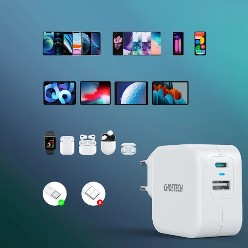Ładowarka sieciowa Choetech PD5002-EU QC PD 38W 5A USB-C + USB-A biały
