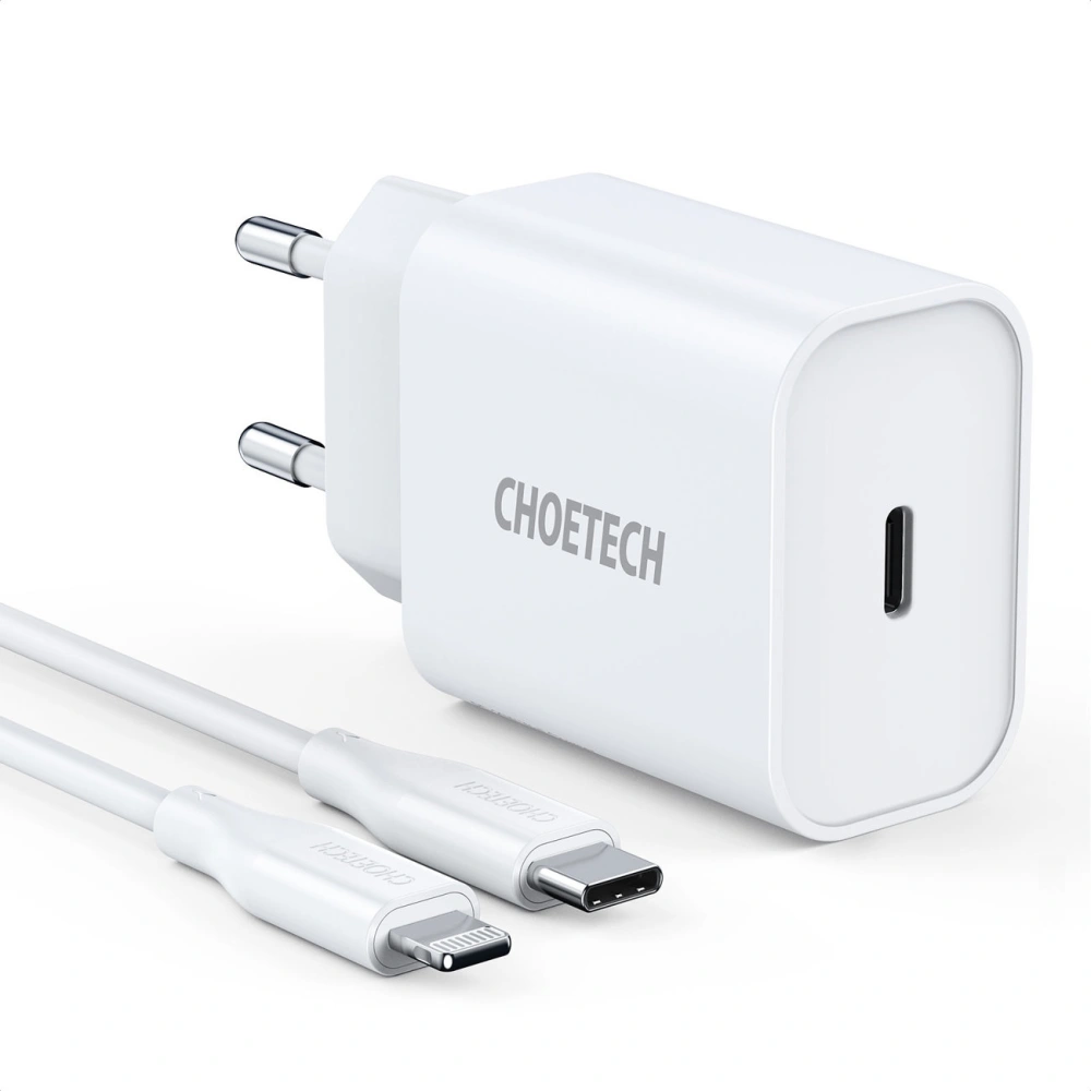 Wholesale Choetech Q5004-V2-EU-CLWH Wall Charger USB-C 20W PD 3A + USB-C/Lightning MFI Cable 1,2m white - CHT114 - {ean13} - Hurt