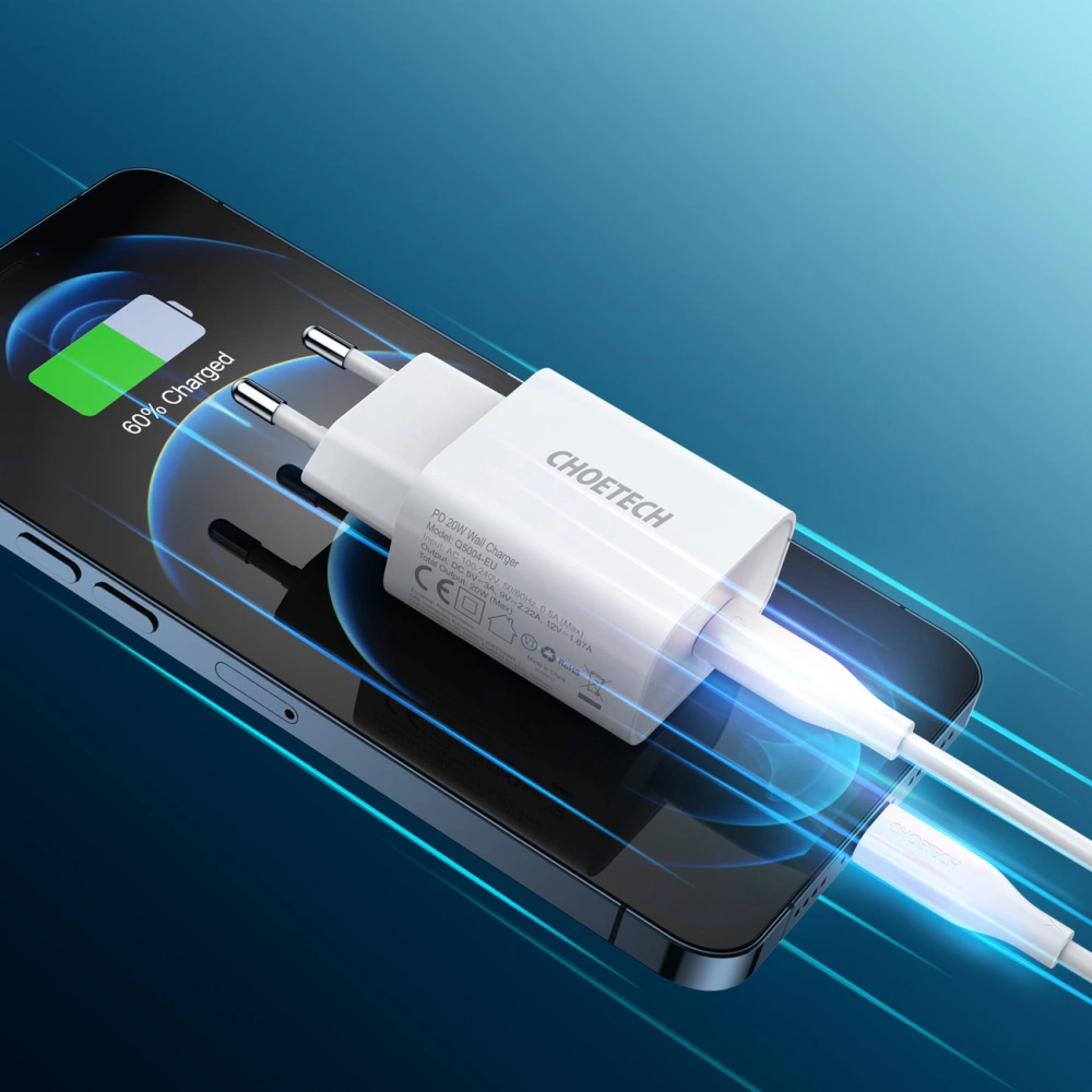 Wholesale Choetech Q5004-V2-EU-CLWH Wall Charger USB-C 20W PD 3A + USB-C/Lightning MFI Cable 1,2m white - CHT114 - {ean13} - Hurt