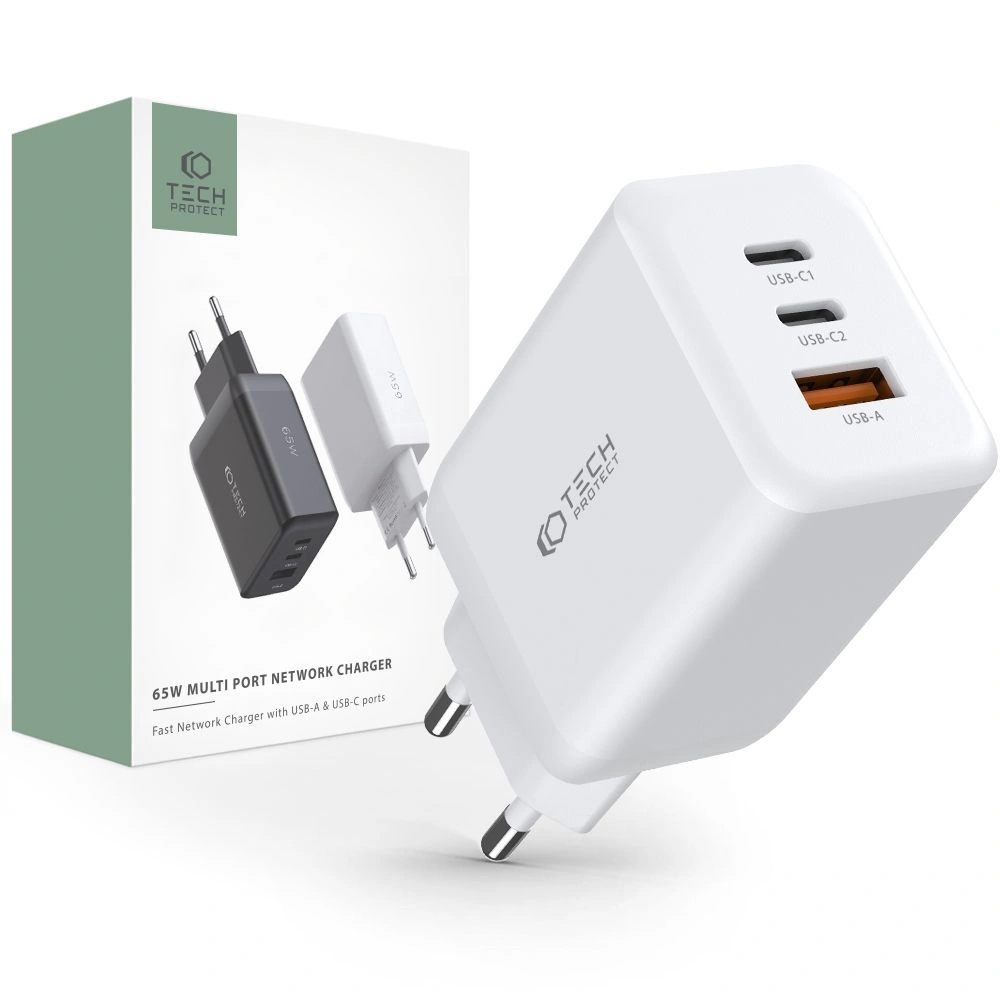 Hurtownia GSM - Încărcător de rețea Tech-Protect C65W Încărcător de rețea cu 3 porturi PD 65W QC 3.0 Alb - THP2052 - {ean13} - Hurt