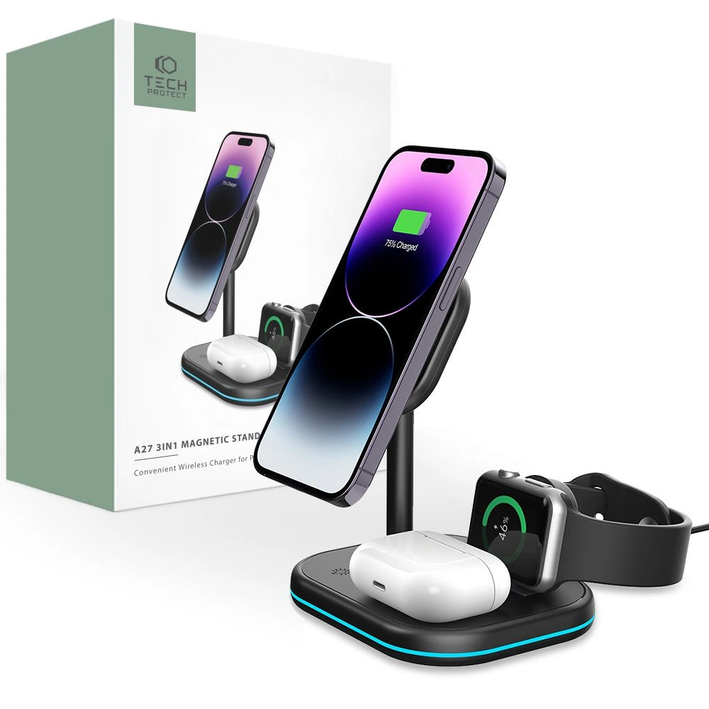 Hurtownia GSM - Bezdrátová nabíječka Tech-Protect QI15W-A27 3v1 Magnetic MagSafe Wireless Charger Černá - THP2054 - {ean13} - Hurt