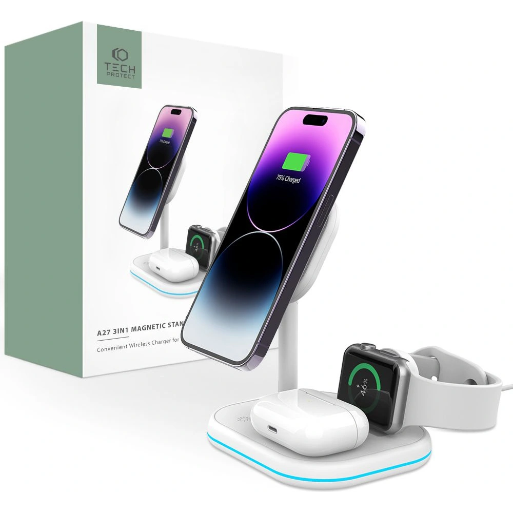 Hurtownia GSM - Bezdrátová nabíječka Tech-Protect QI15W-A27 3in1 Magnetic MagSafe Wireless Charger White - THP2055 - {ean13} - Hurt