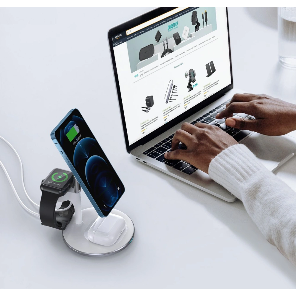 Hurtownia GSM - Bezdrátová magnetická nabíječka Choetech T586-F MagSafe 3w1 pro iPhone/AirPods/Apple Watch bílá - CHT146 - {ean13} - Hurt
