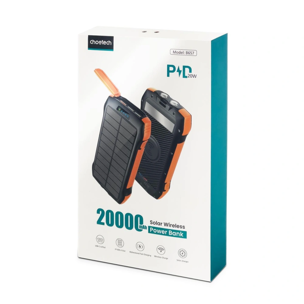 Hurtownia GSM - Solární powerbanka s bezdrátovým nabíjením Choetech B657 20000mAh PD 20W/QC 18W/Qi 10W oranžová - CHT166 - {ean13} - Hurt