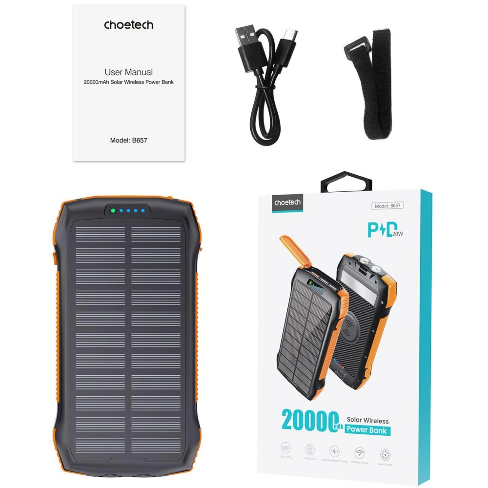 Hurtownia GSM - Solární powerbanka s bezdrátovým nabíjením Choetech B657 20000mAh PD 20W/QC 18W/Qi 10W oranžová - CHT166 - {ean13} - Hurt