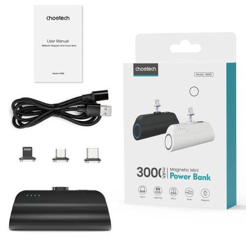 Mini powerbank Choetech B660 3000mAh USB-C/microUSB/Lightning czarny