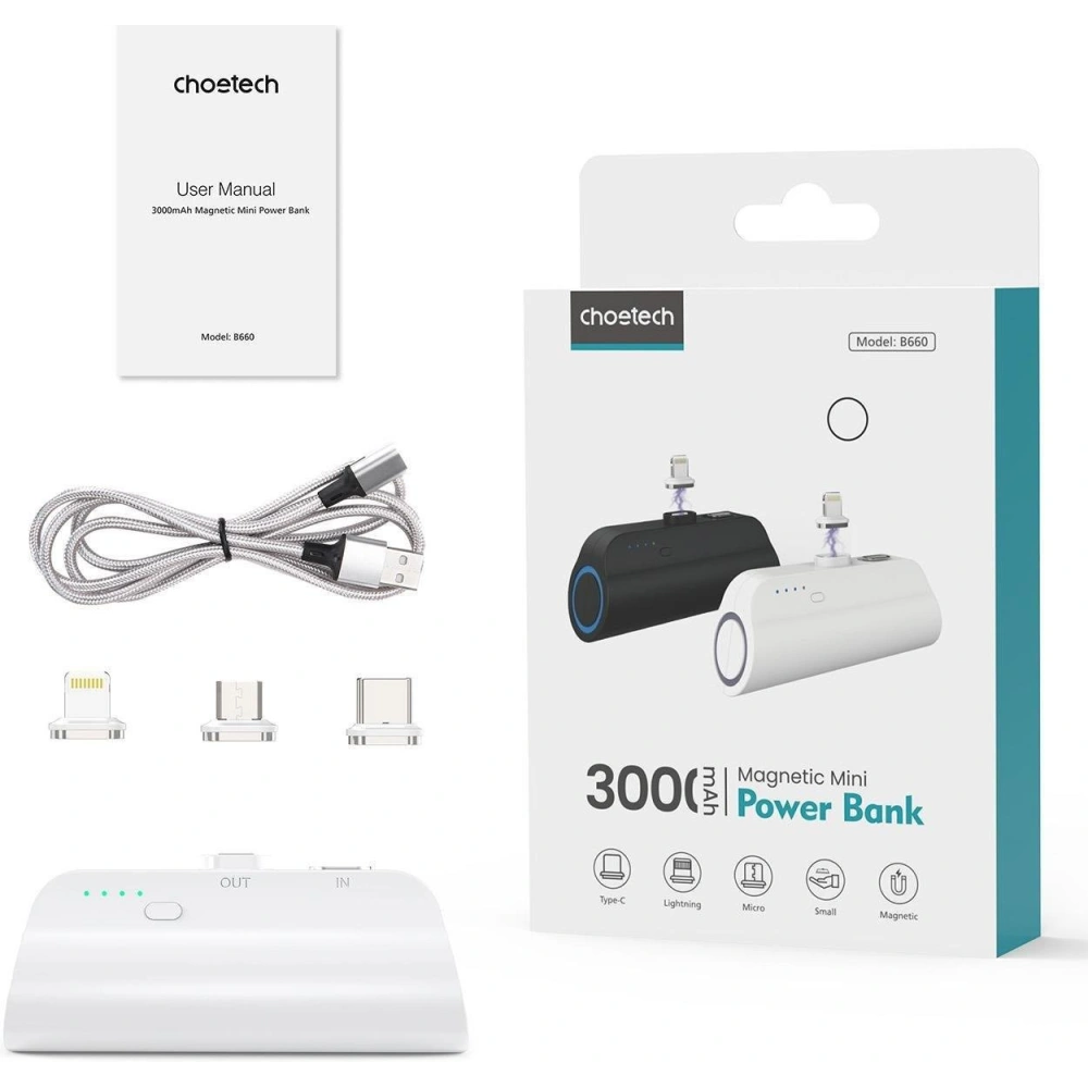 Hurtownia GSM - Mini powerbank Choetech B660 3000mAh USB-C/microUSB/Lightning bílý - CHT169 - {ean13} - Hurt