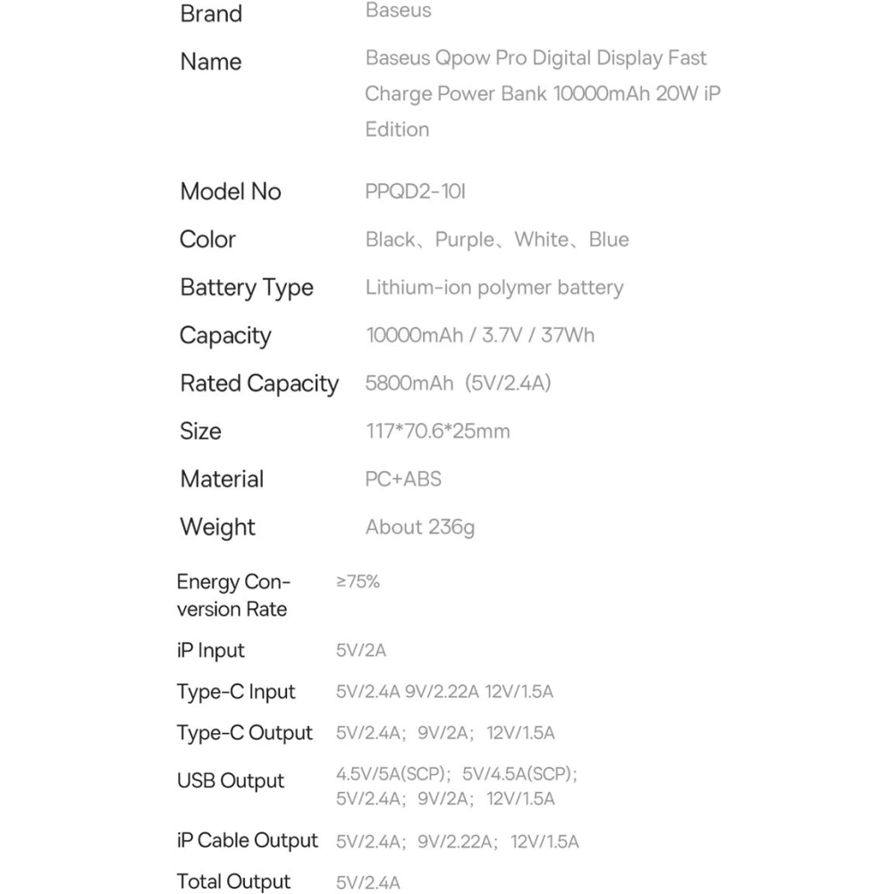Hurtownia GSM - Powerbank Baseus Qpow Pro 10000mAh 20W Overseas Edition + kabel USB-C 3A - czarny - BSU4362 - {ean13} - Hurt