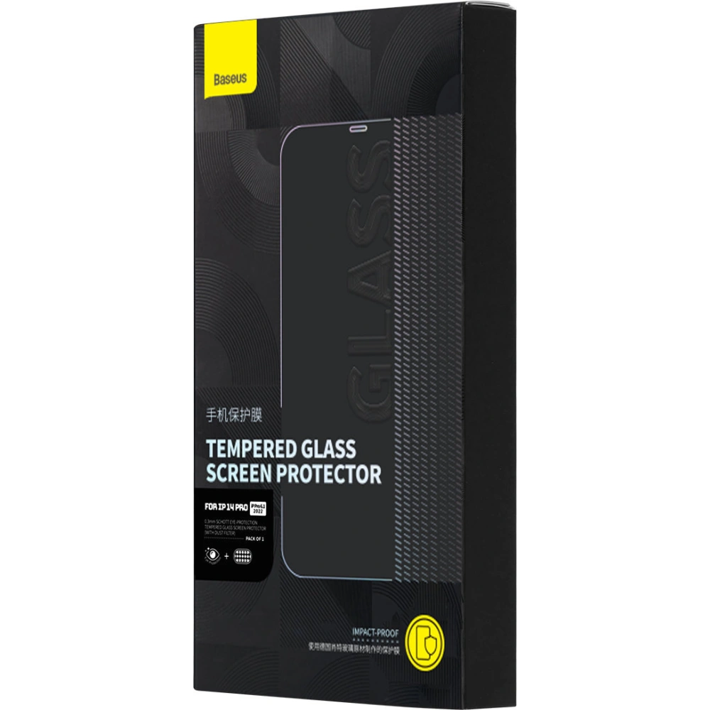 Hurtownia GSM - Edzett üveg Baseus Anti Blue Light 0.3mm Glass Apple iPhone 14 Pro porvédő szűrővel + szerelőkeret - BSU4366 - {ean13} - Hurt