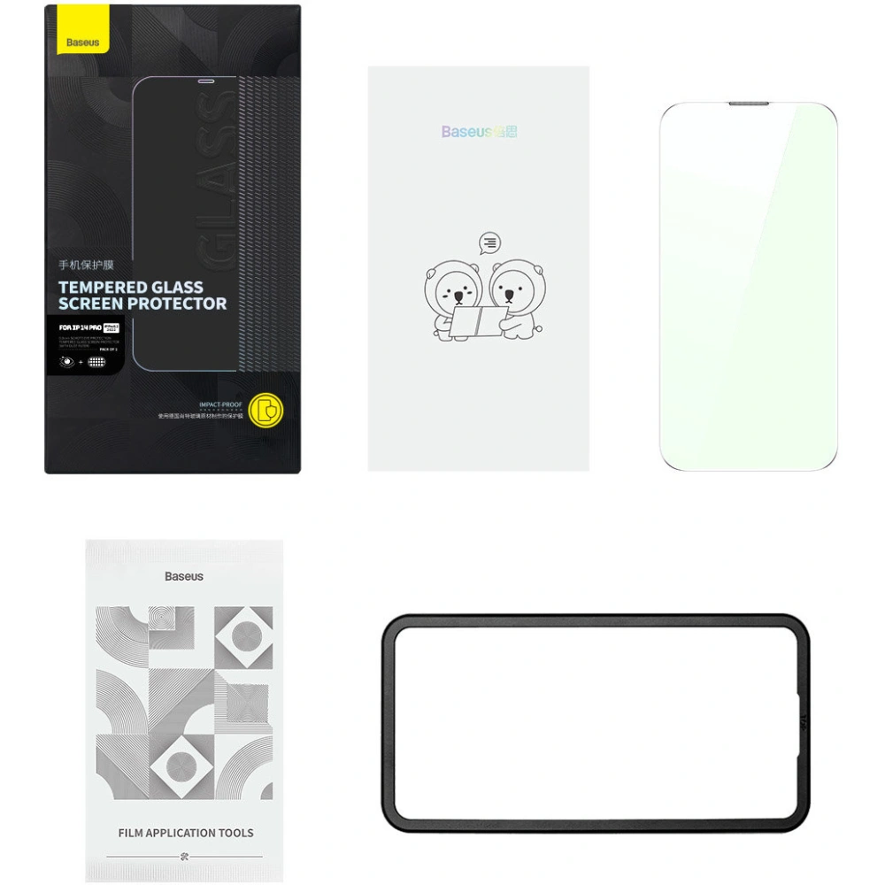 Hurtownia GSM - Edzett üveg Baseus Anti Blue Light 0.3mm Glass Apple iPhone 14 Pro porvédő szűrővel + szerelőkeret - BSU4366 - {ean13} - Hurt