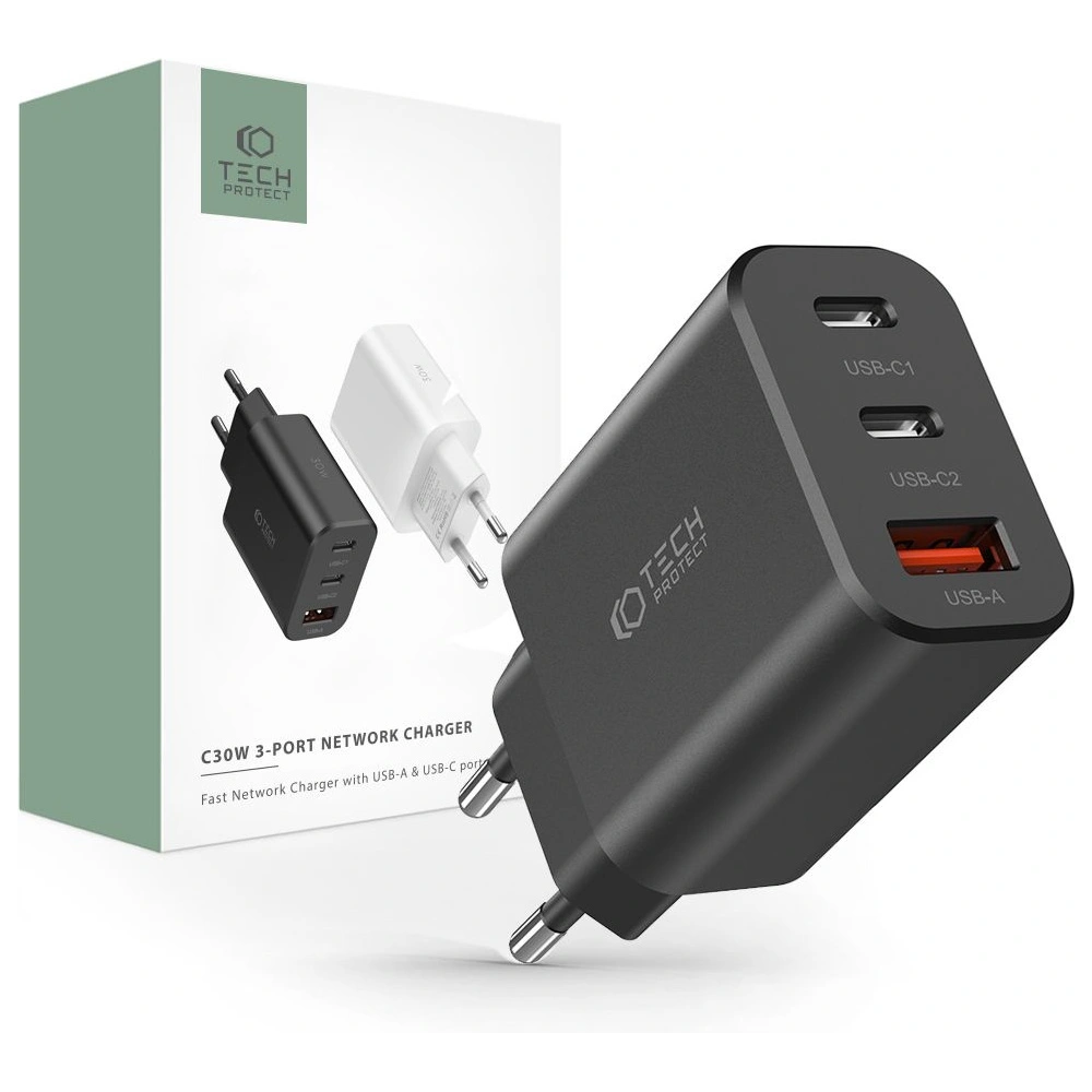 Hurtownia GSM - Netzteil Tech-Protect C30W 3-Port Netzladegerät PD 30W QC 3.0 Schwarz - THP2056 - {ean13} - Hurt