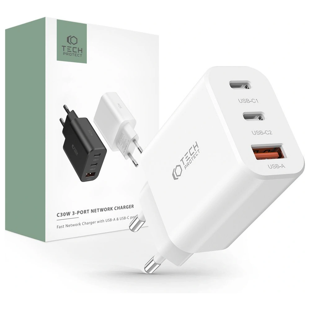 Wholesale Tech-Protect C30W 3-port Network Charger PD 30W QC 3.0 White - THP2057 - {ean13} - Hurt