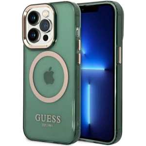 Guess GUHMP14XHTCMA Apple iPhone 14 Pro Max khaki hard case Gold Outline Translucent MagSafe