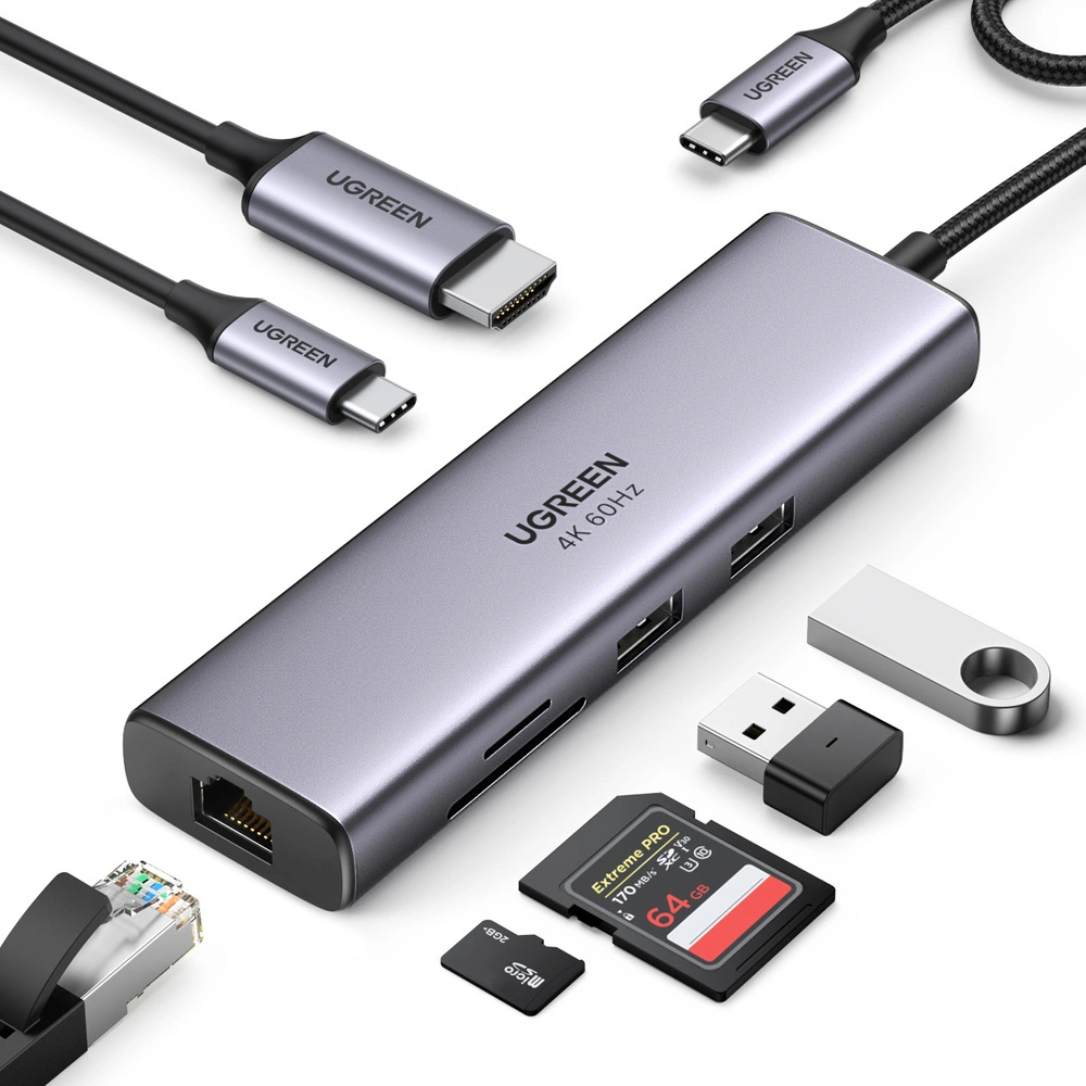 Wholesale UGREEN CM512 7in1 HUB USB-C/2xUSB 3.2 Gen 1/HDMI 4K 60Hz/SD, TF card reader/USB-C PD 100W/RJ45 1000Mbps (1Gbps) gray - UGR1648 - {ean13} - Hurt