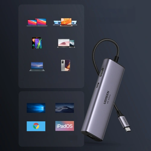 HUB UGREEN CM512 7w1 USB-C/2xUSB 3.2 Gen 1/HDMI 4K 60Hz/czytnik kart SD i TF/USB-C PD 100W/RJ45 1000Mbps (1Gbps) szary