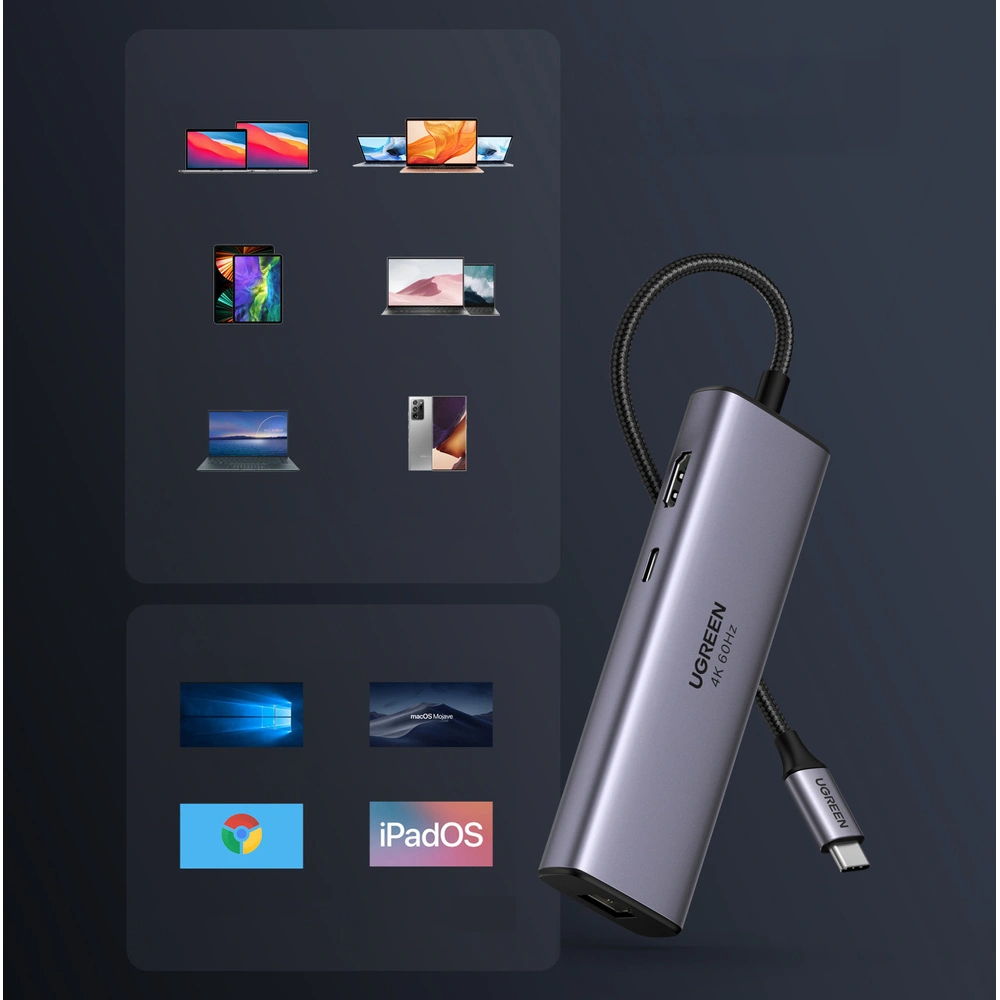 Wholesale UGREEN CM512 7in1 HUB USB-C/2xUSB 3.2 Gen 1/HDMI 4K 60Hz/SD, TF card reader/USB-C PD 100W/RJ45 1000Mbps (1Gbps) gray - UGR1648 - {ean13} - Hurt
