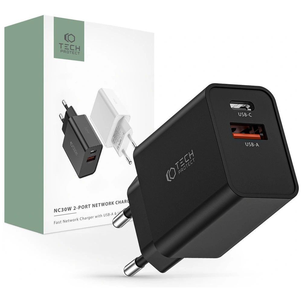 Hurtownia GSM - Síťová nabíječka Tech-Protect NC30W 2-portová síťová nabíječka PD 30W QC 3.0 černá - THP2087 - {ean13} - Hurt