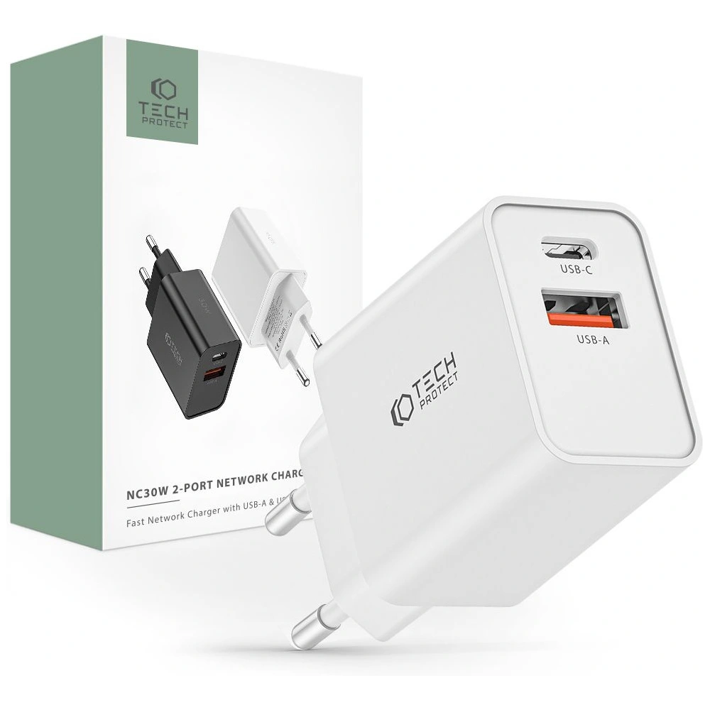 Hurtownia GSM - Încărcător de rețea Tech-Protect NC30W Încărcător de rețea cu 2 porturi PD 30W QC 3.0 Alb - THP2088 - {ean13} - Hurt