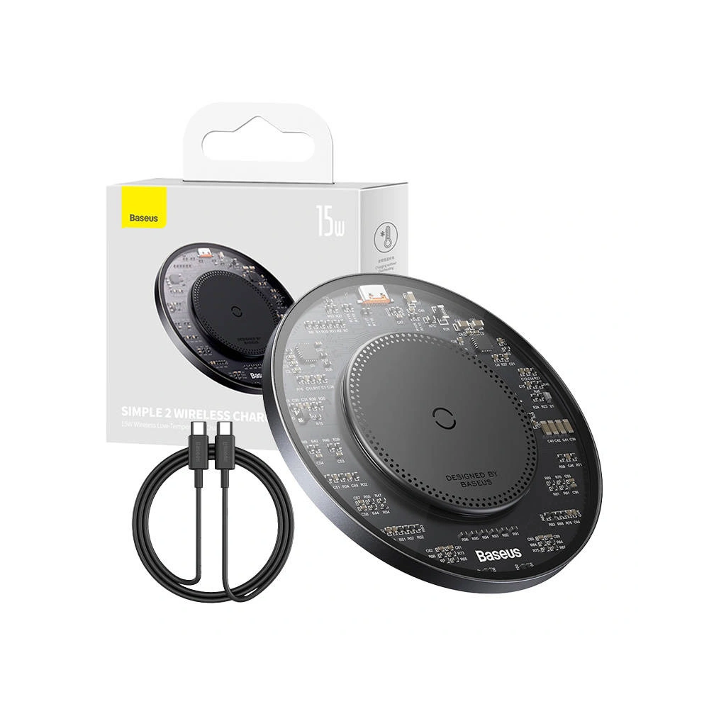 Hurtownia GSM - Bezdrátová nabíječka Baseus Simple 2 15W + kabel USB-C/USB-C (černá) - BSU4391 - {ean13} - Hurt