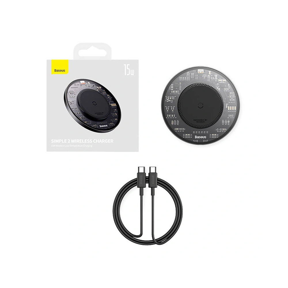 Hurtownia GSM - Vezeték nélküli töltő Baseus Simple 2 15W + USB-C/USB-C kábel (fekete) - BSU4391 - {ean13} - Hurt